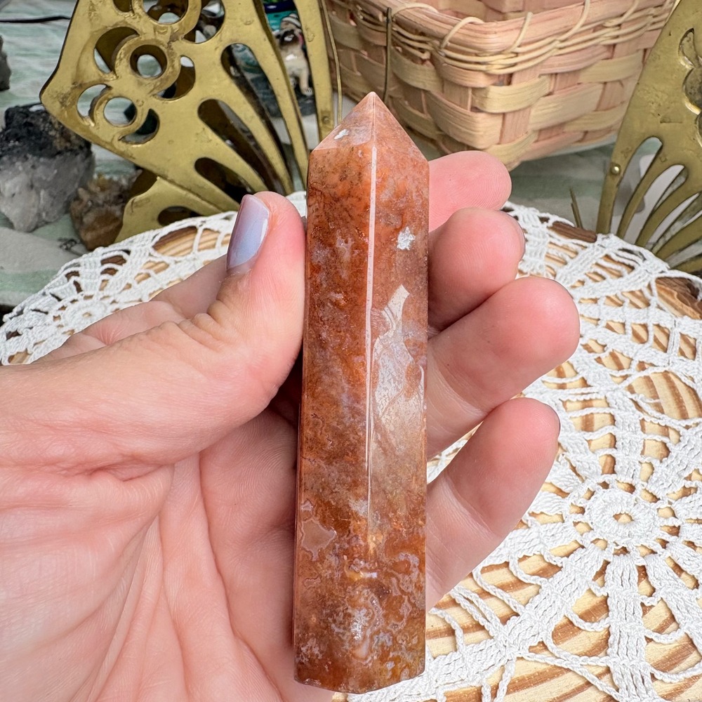 Orange Moss Agate Crystal Tower Point Witchy Boho Natural Stone 69.3g - Picture 4 of 9